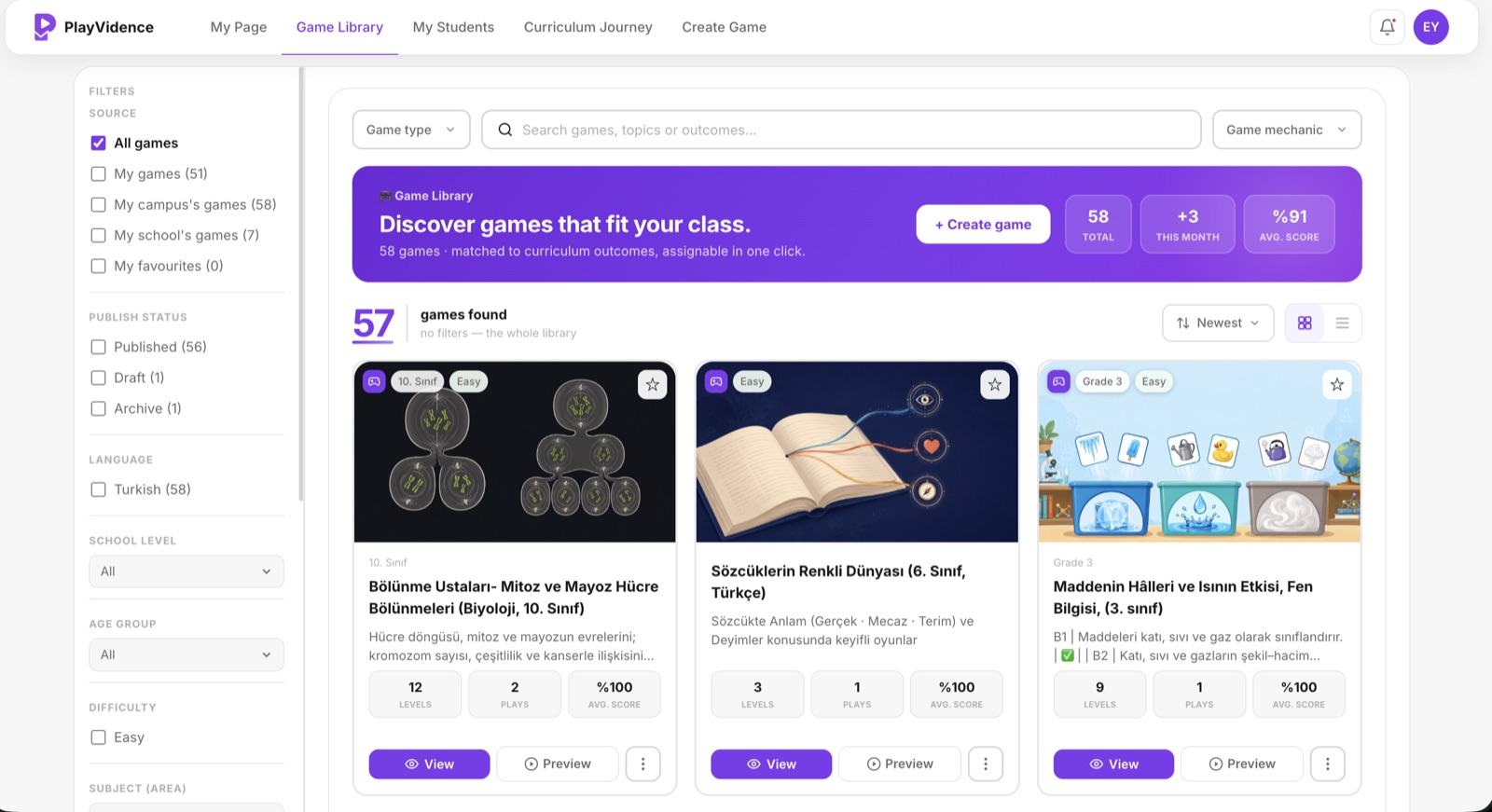 PlayVidence oyun kütüphanesi ekranı